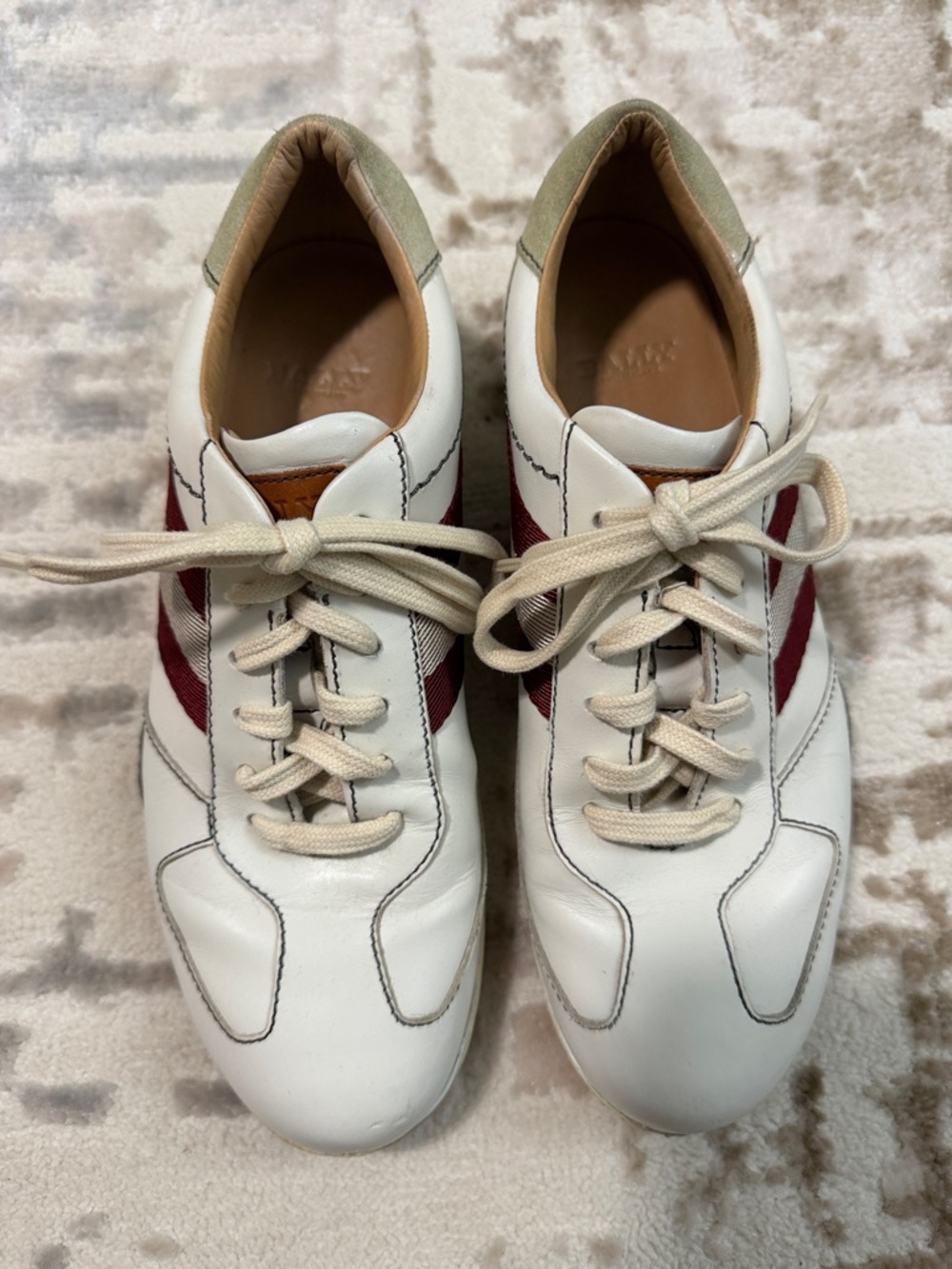 Bally White Sneakers with Burgundy Stripe